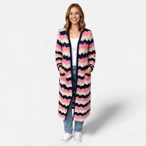 Laurie Felt,Pointelle Crochet Duster Cardigan Sweater Navy Pink Beige Chevron Sm